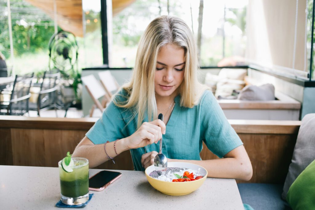 charming hipster girl 20s keeping healthy nutrition lifestyle recreating on weekends