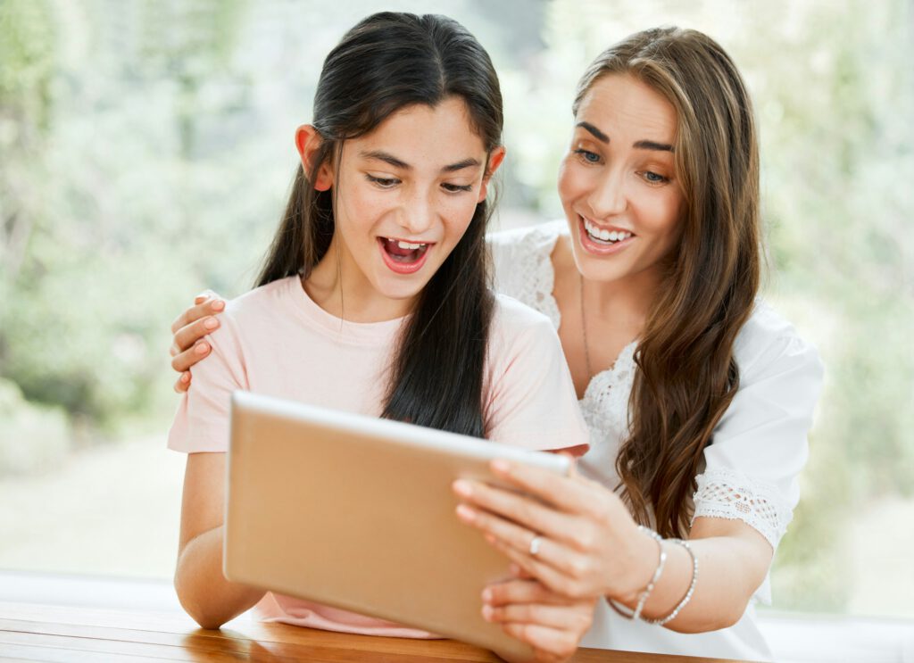 Mother, tablet and child looking excited about promotion or positive email. Parent, support and car