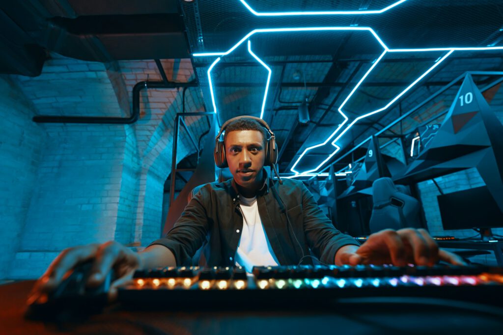 Victory in the cyber game. Portrait of a man who won.
